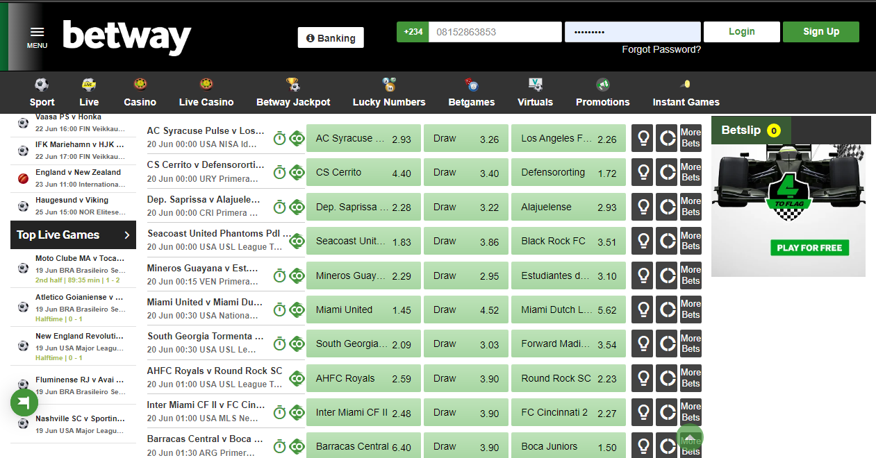 An image of the Betway draw market selection page