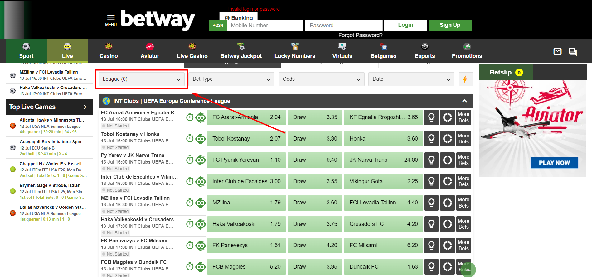 Find league in Betway