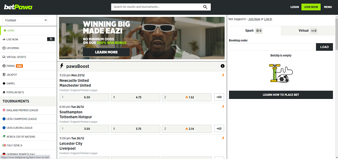 Betpawa Nigeria homepage showcasing the different games available and latest odds