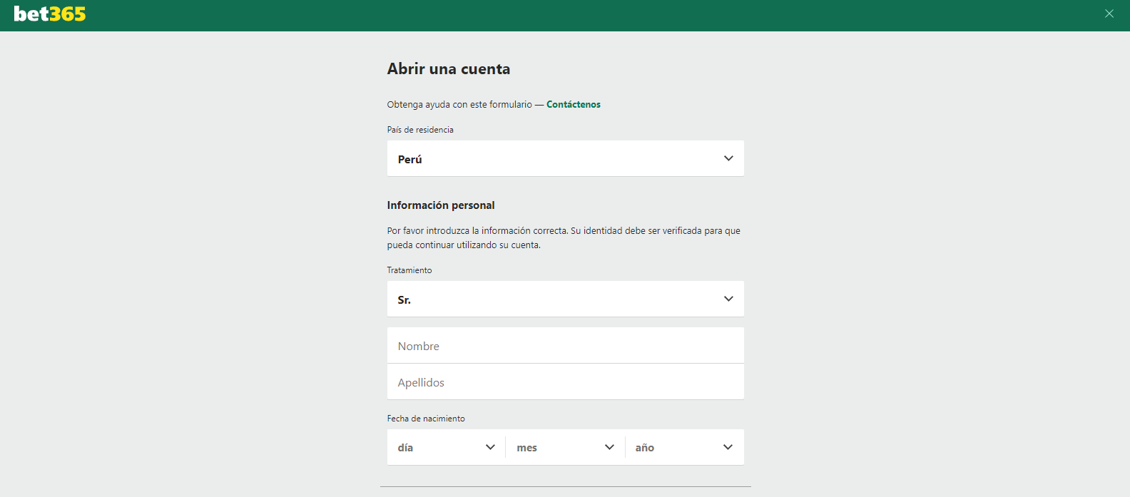 Muestra parte del formulario a rellenar para registrarse en Bet365