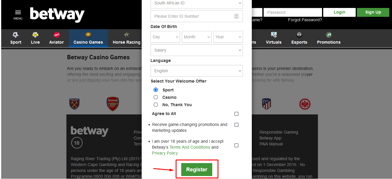 Image Of Betway Aviator Registration Form