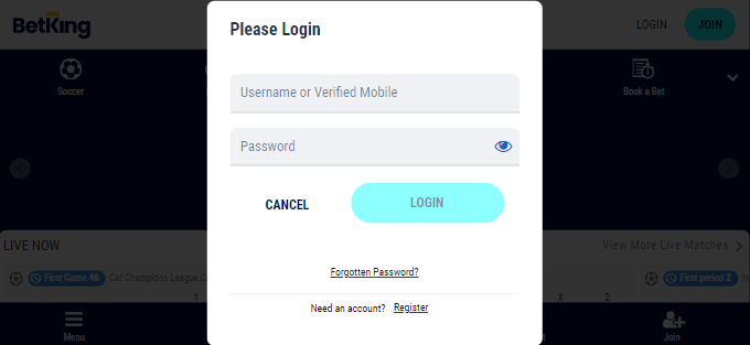 An image of the Betking Nigeria login form page