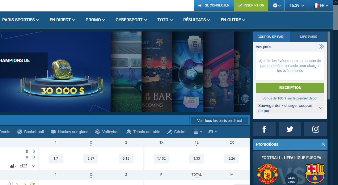 Image de la page d’acceuil du site 1xBet