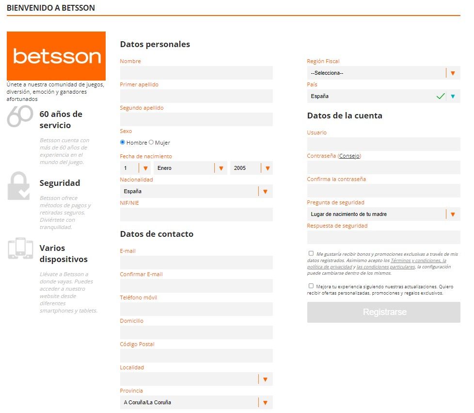 Página para registrarse en Betsson