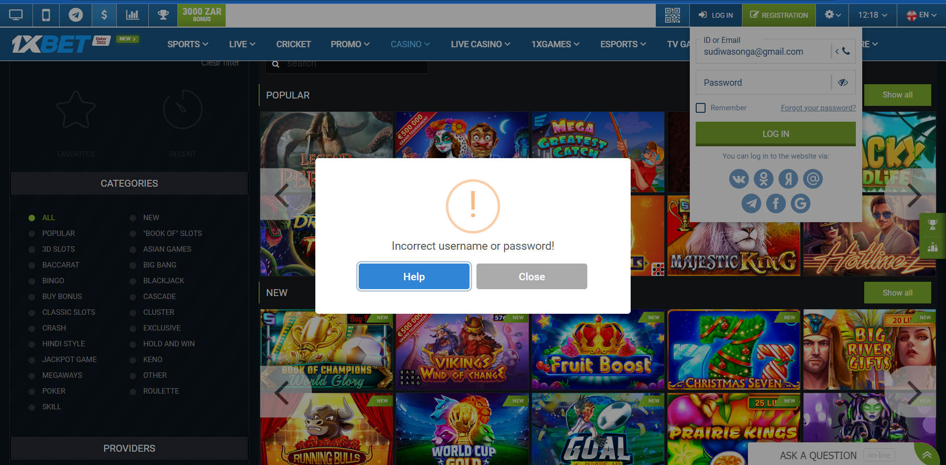 1xBet SA login problems banner