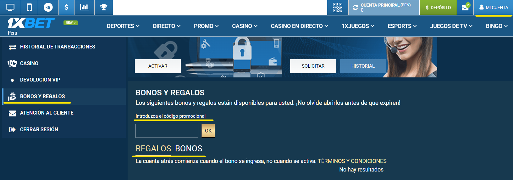 Sección mi cuenta, bonos y regalos de 1xBet Perú