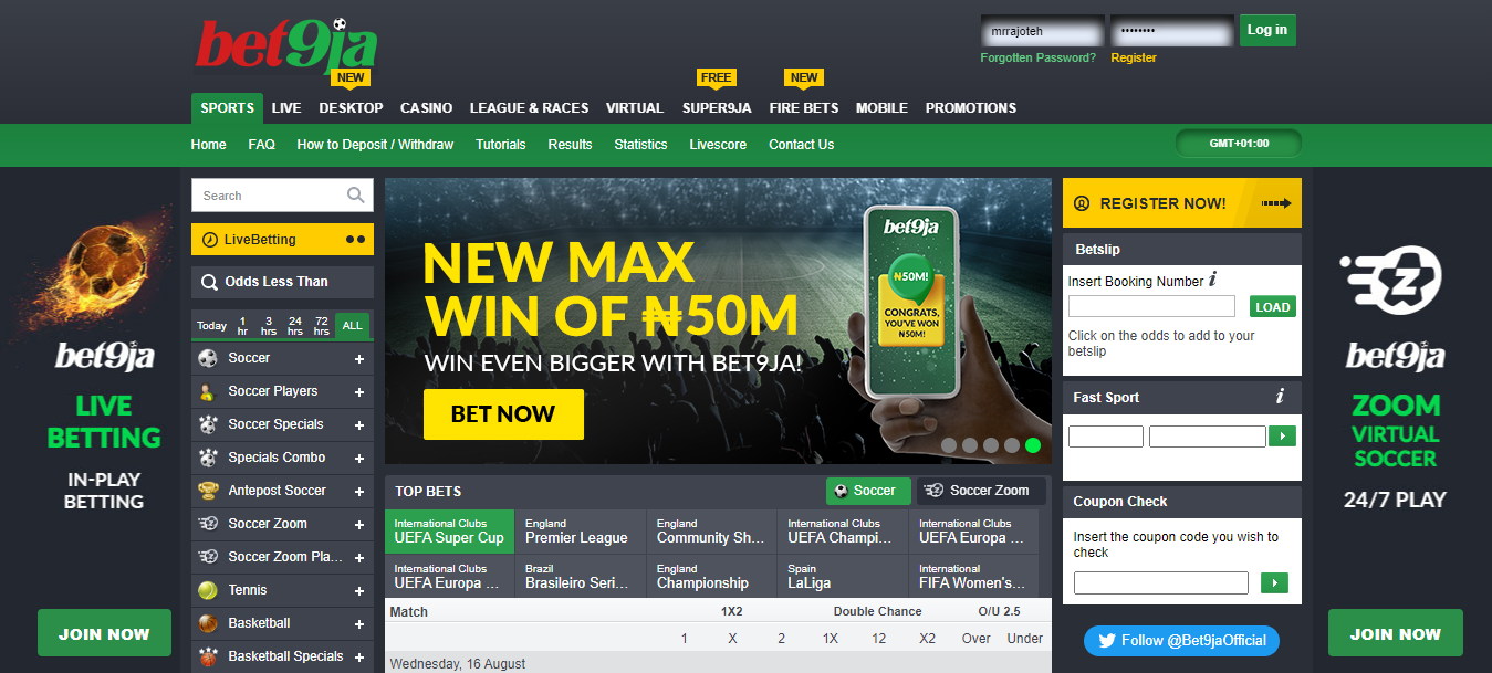 Home page of the web version of Bet9ja site.