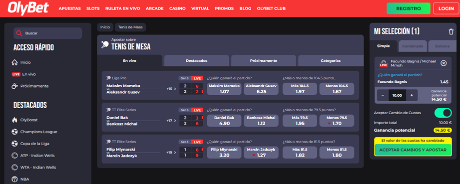 Se muestra la sección principal de apuestas deportivas y la sección de tenis