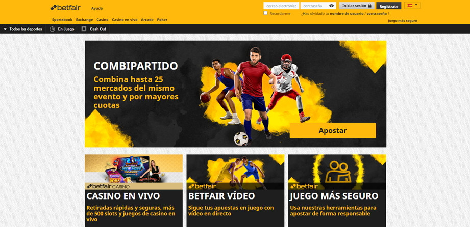 Se muestra la página principal y algunas opciones de Betfair en España