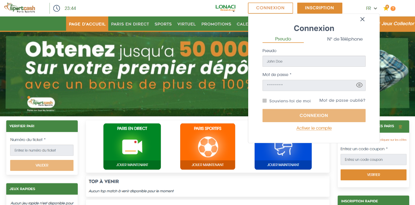 Page de connexion sur Sportcash