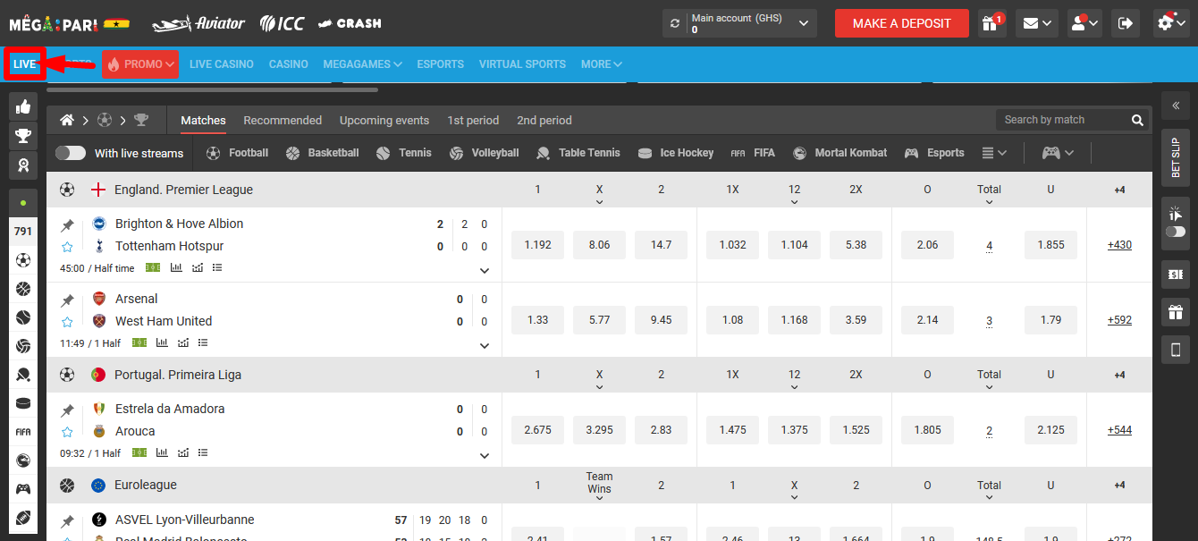 Image of Megapari Ghana Live Betting page