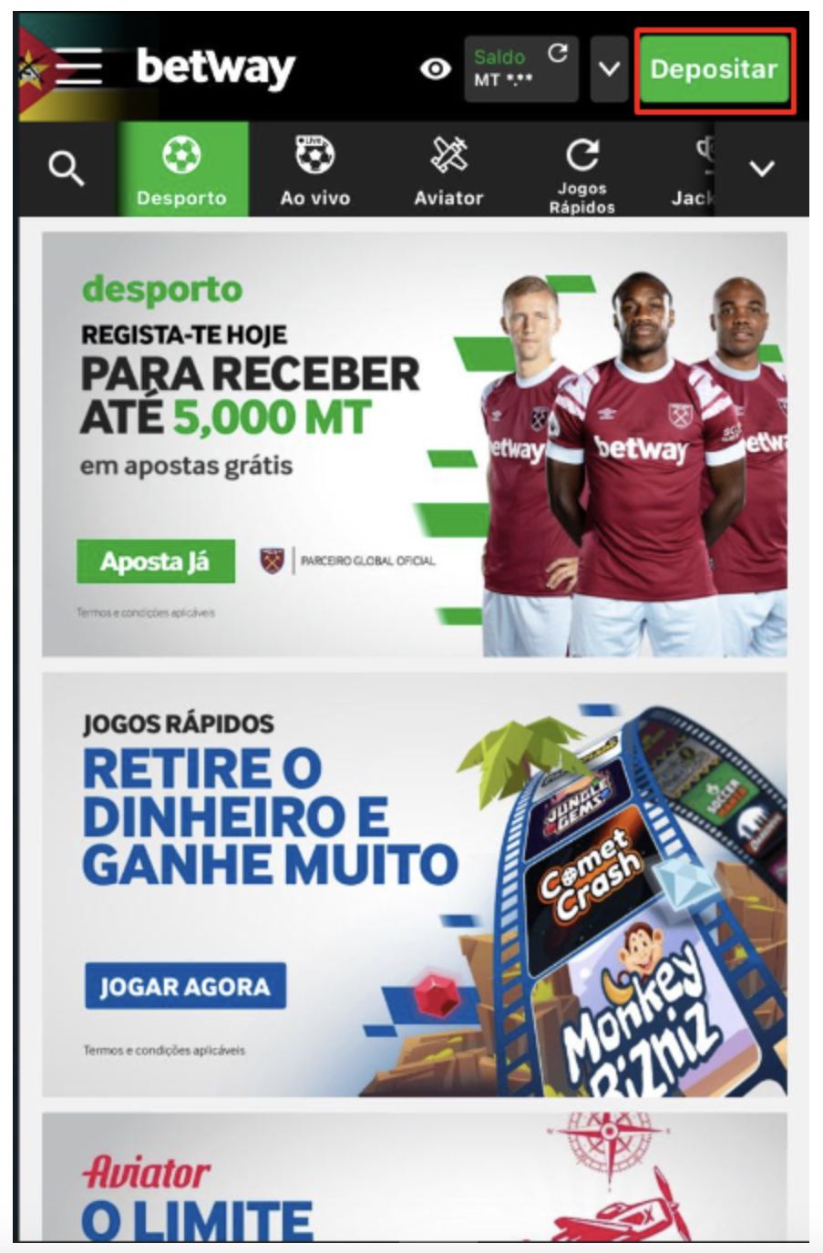 Depositar na Betway app 