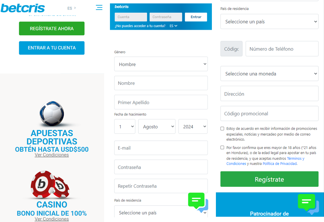 tres screenshots del formulario de registro de usuario de Betcris app