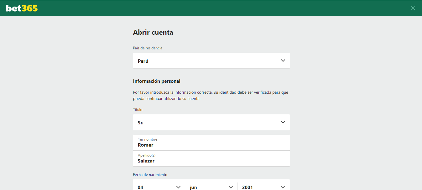 Formulario registro Bet365 Perú
