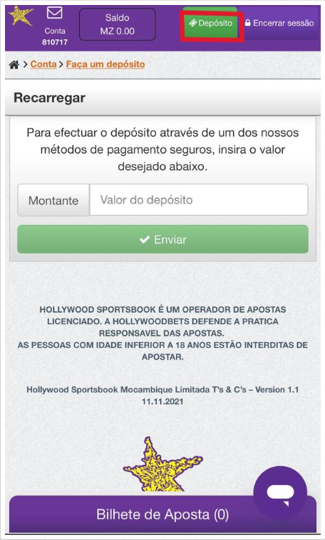 Botão de depósito na Hollywoodbets Moçambique