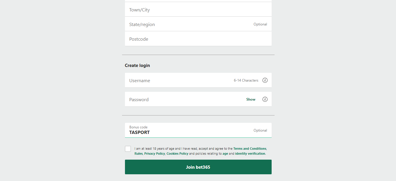 Bet365 Bonus Code page