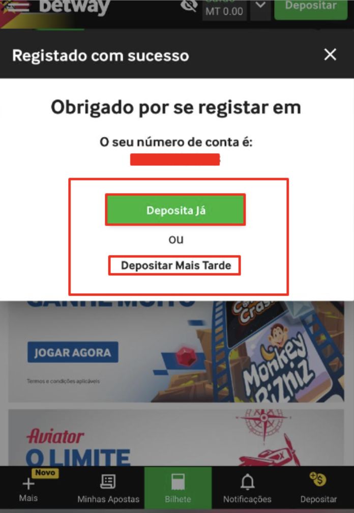 Último passo para registar uma conta Betway