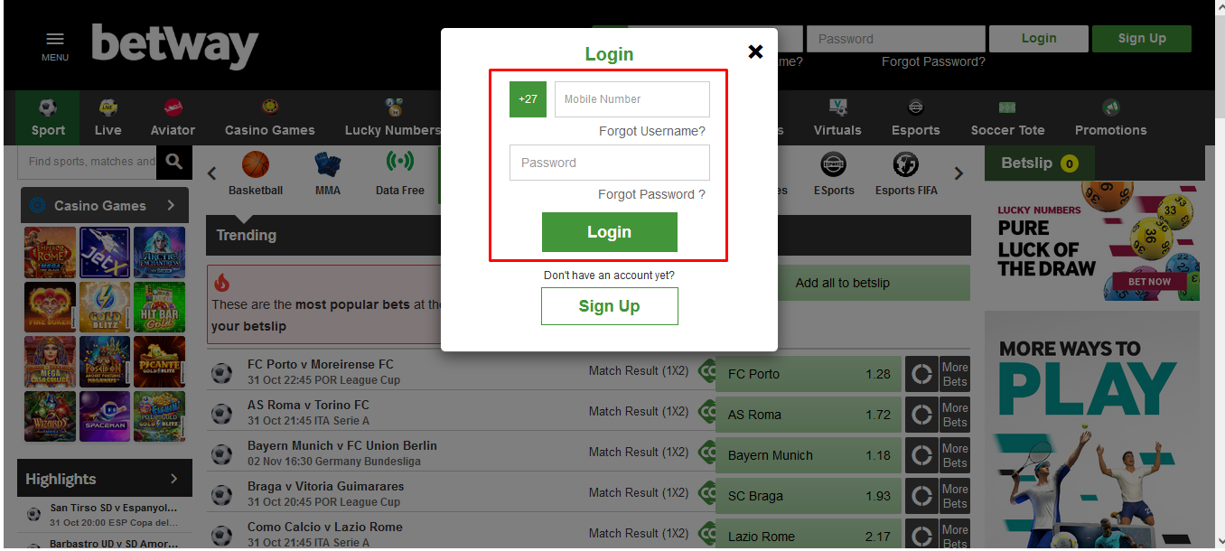 Betway LogIn Process