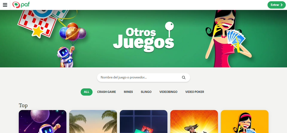 Se muestra la página principal de otros juegos en Paf España