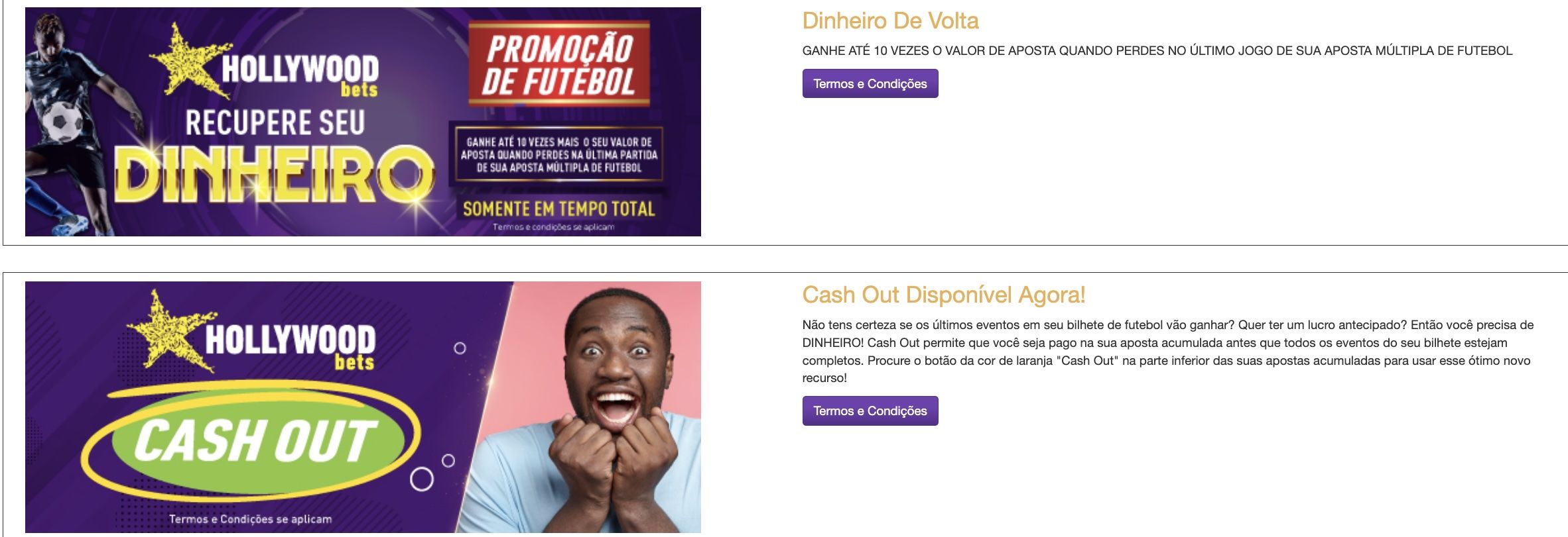 Página dos bónus da Hollywoodbets