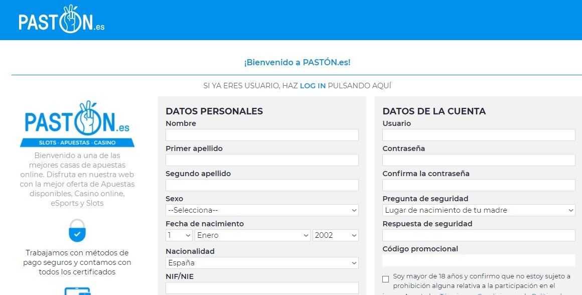 Registro en la Casa de Apuestas Pastón