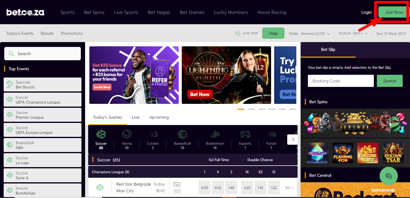 Bet.co.za official homepage.