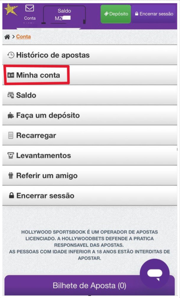 Botão “Minha conta” na Hollywoodbets versão mobile