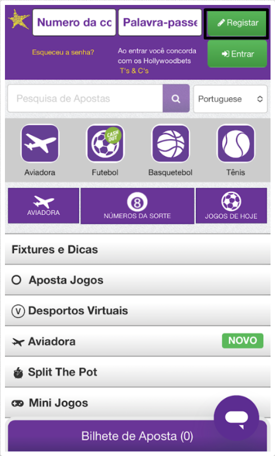 Primeiro passo do registo na Hollywoodbets Moçambique