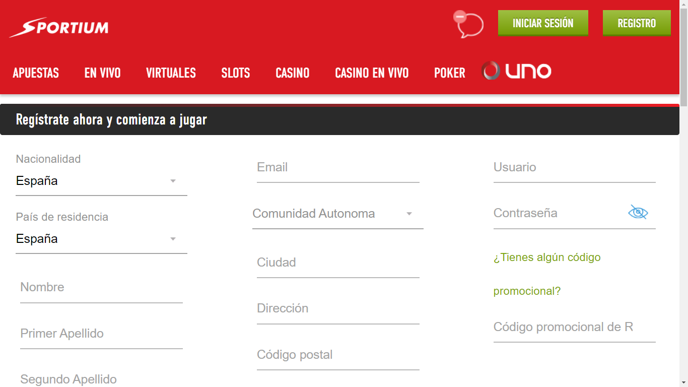 Registro de Sportium en el sitio web