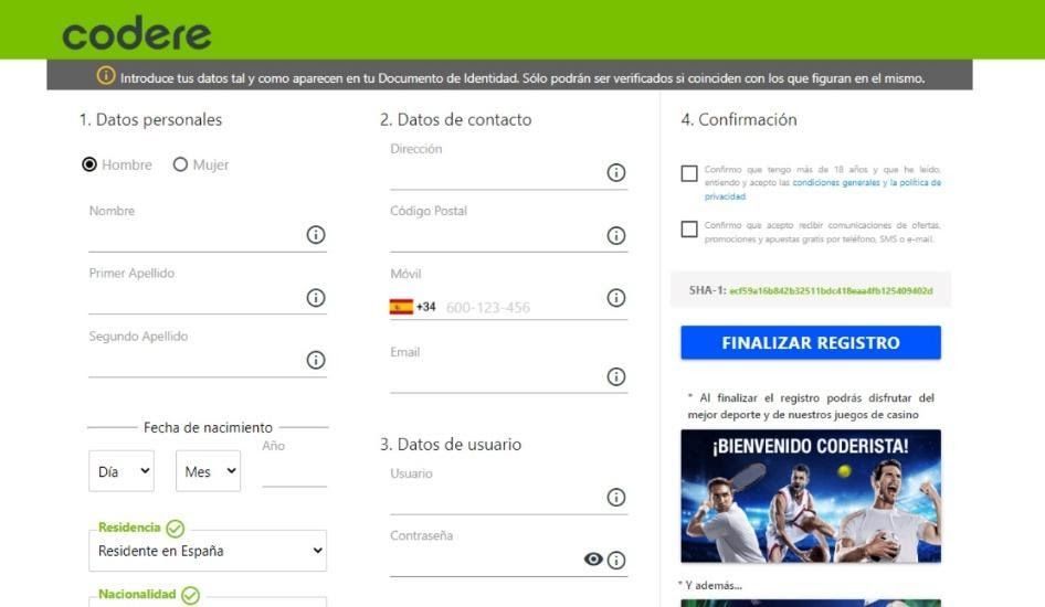 Página para registrarte en Codere eSports