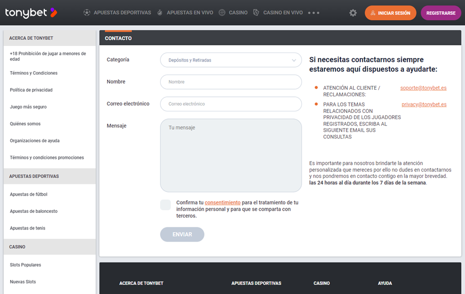 Formulario de contacto por correo de Tonybet