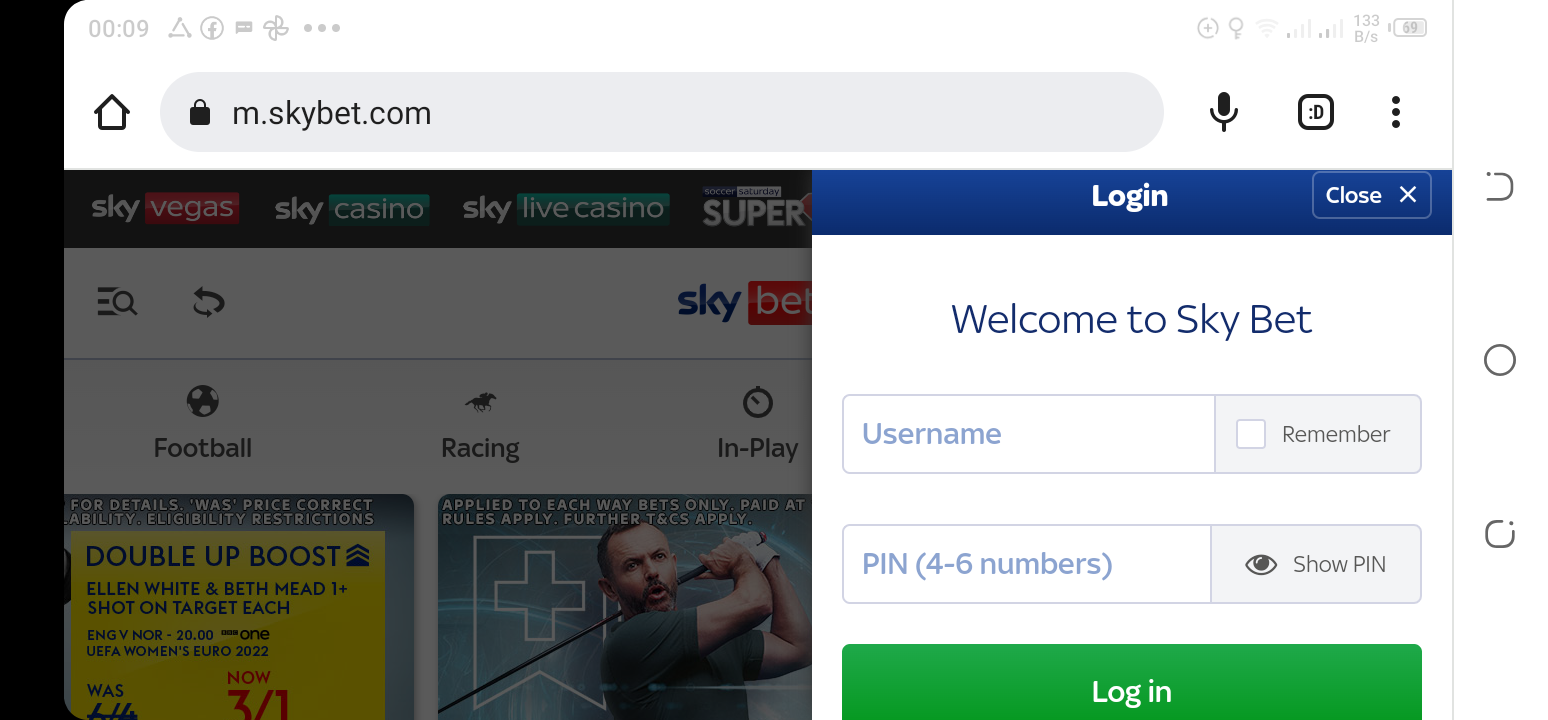 Official SkyBet LOGIN banner