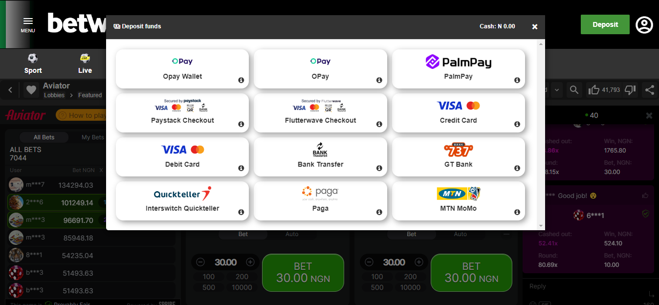 Image Of Betway Aviator Deposit and Withdrawal