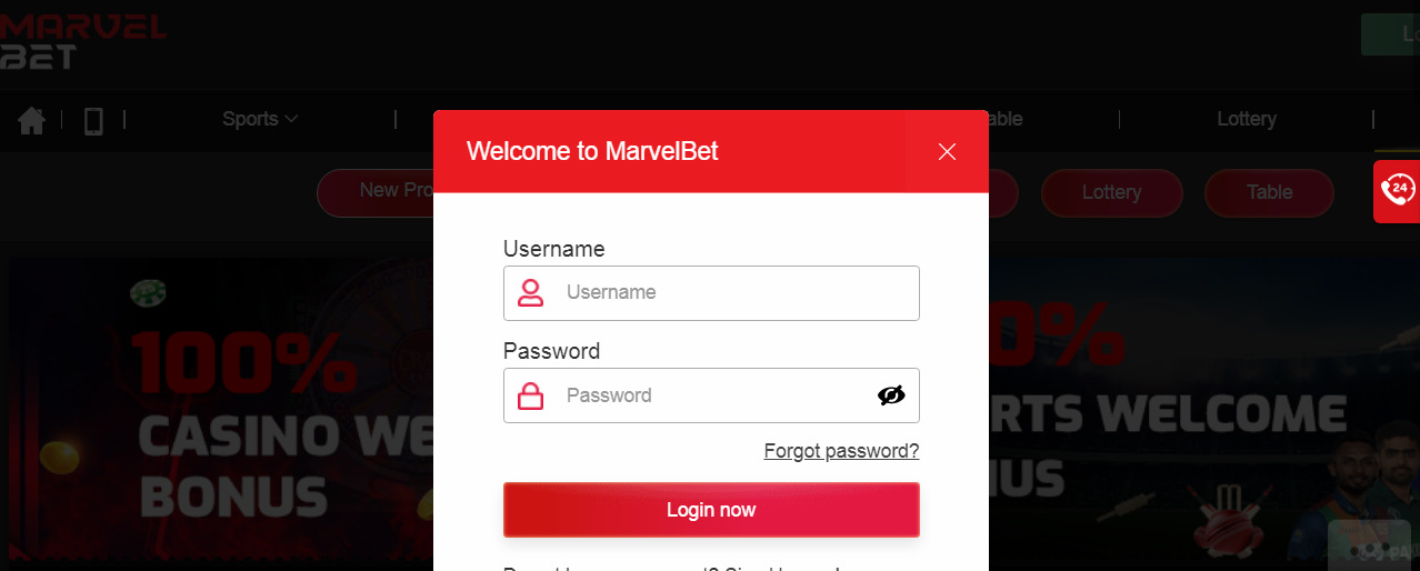 An image of Marvelbet login form page