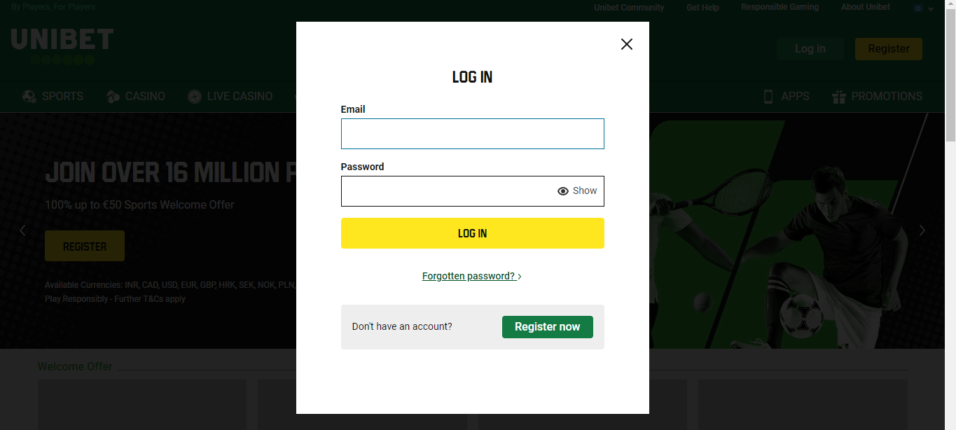 Unibet login page