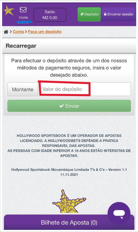 Página de depósito da Hollywoodbets Moçambique