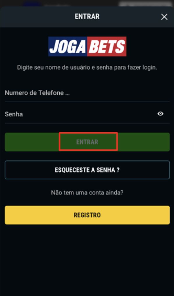 Página de login da JogaBets a partir da versão mobile