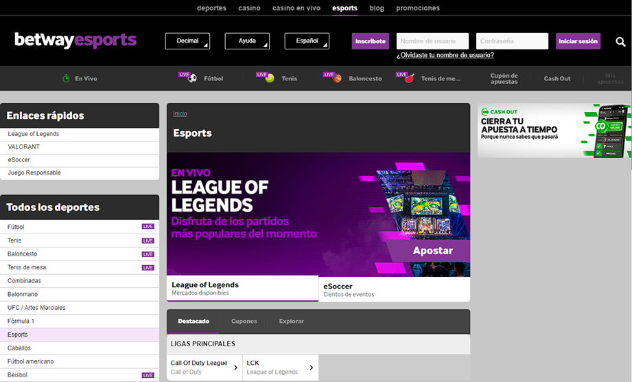 Sección de apuestas a eSports de Betway