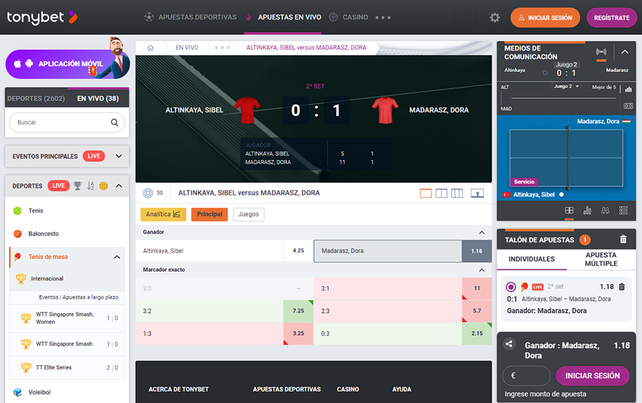 Apartado de apuestas en directo de Tonybet España