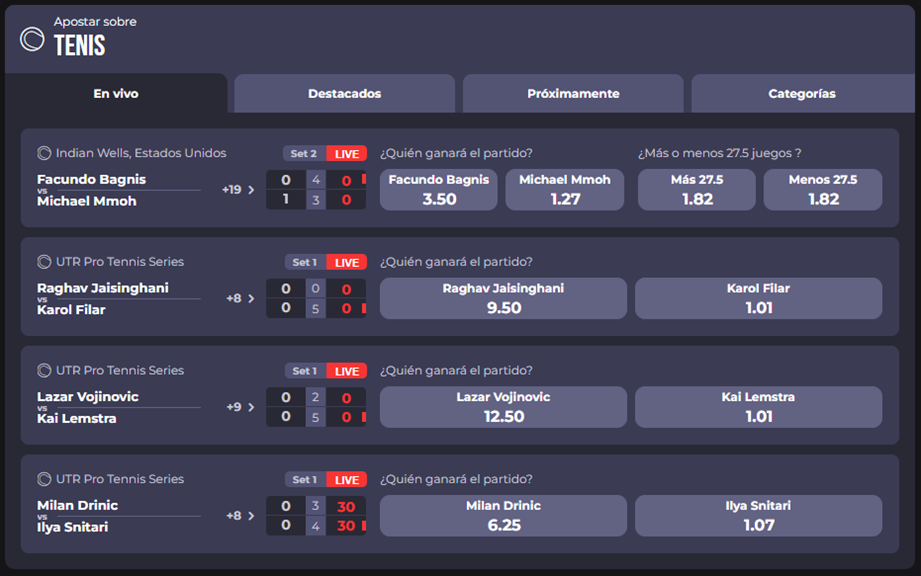 Se muestran algunas de las opciones de apuestas en Tenis que tiene Olybet