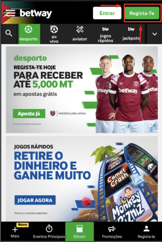 Betway mobile processo de registo na Betway