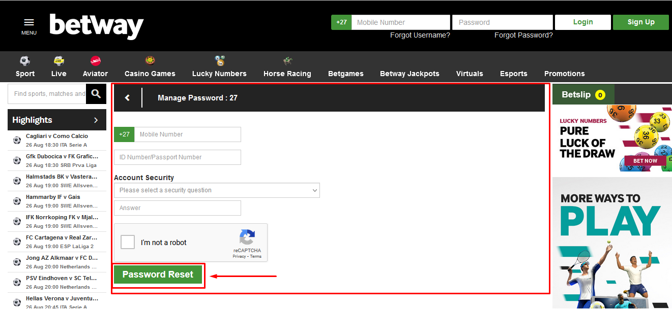 Image of Betway SA Password Reset Form