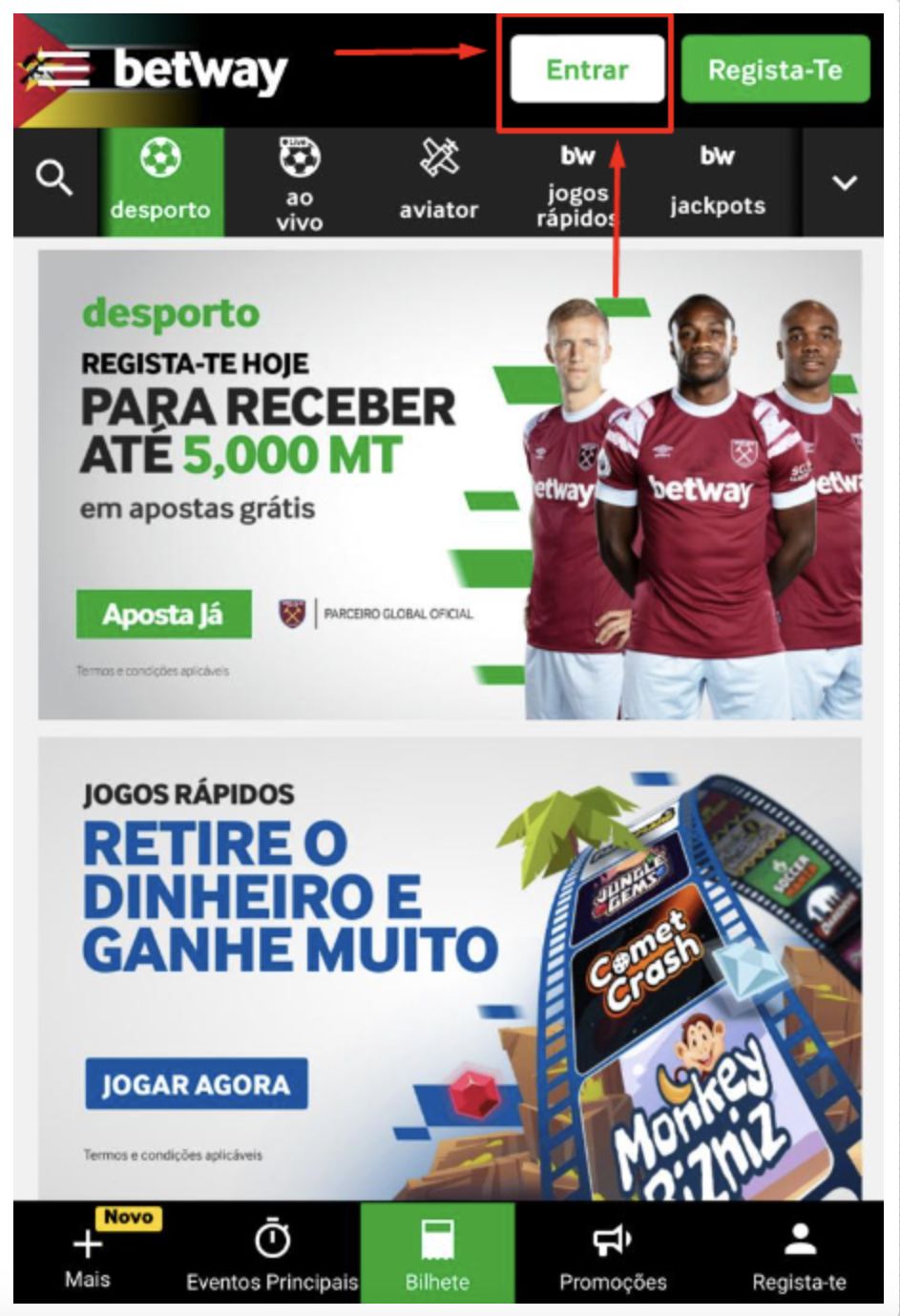 Opção “Entrar” no login na Betway através da versão mobile