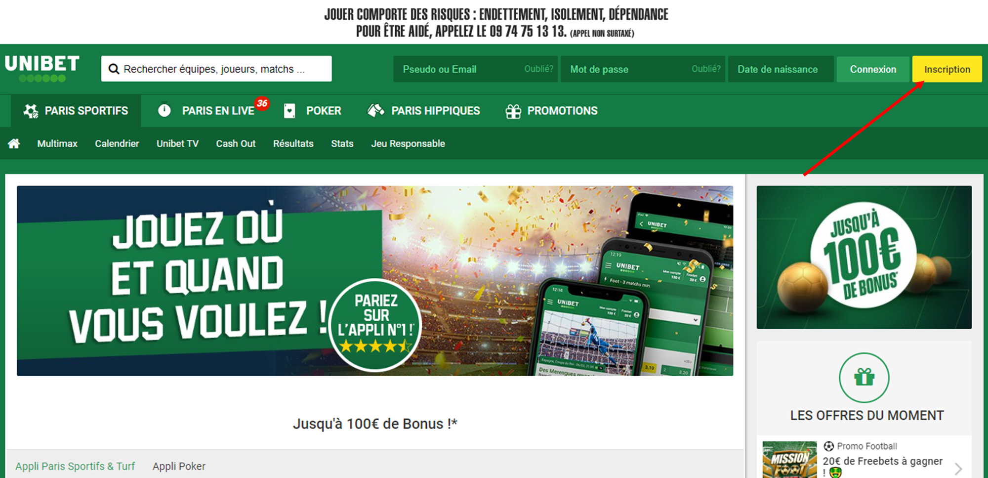 Processus d’inscription pour les Paris Sportifs de Unibet