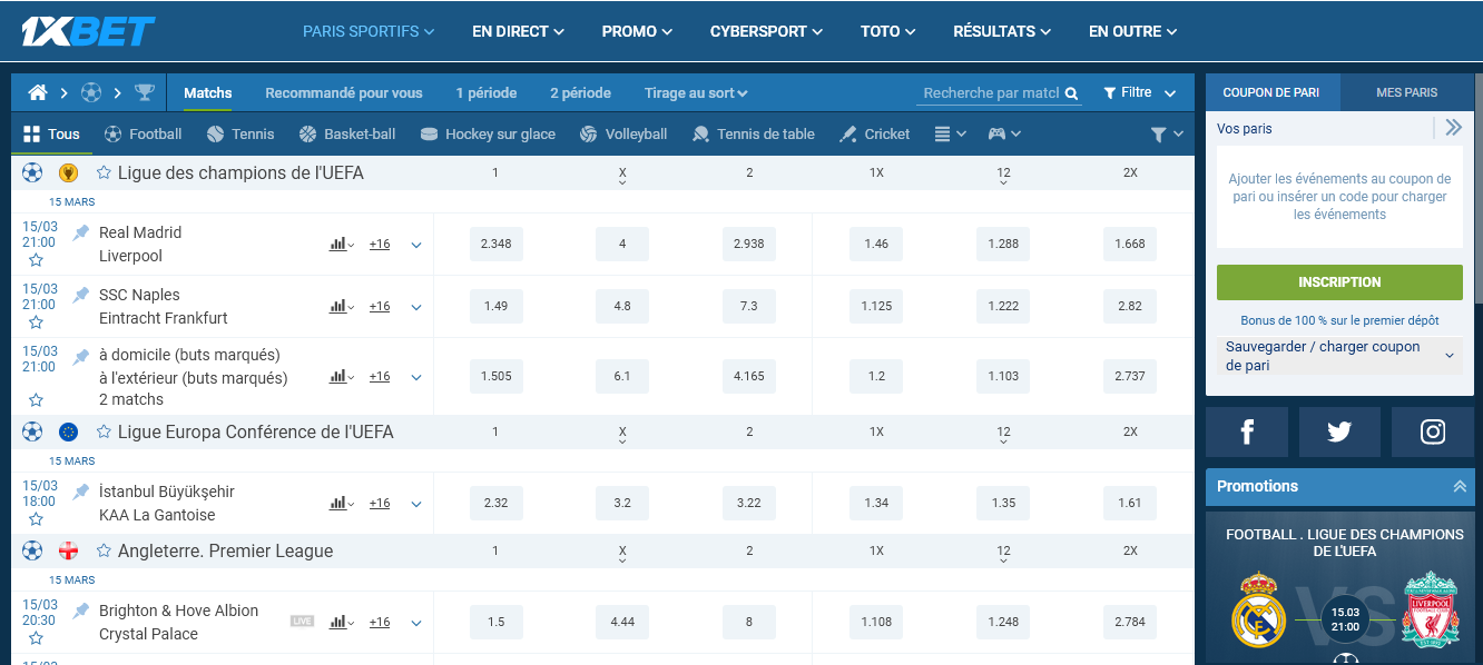 Marchés sportifs de 1xBet en Côte-D'Ivoire