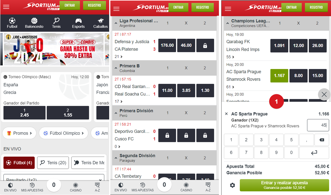 Tres screenshots de sportium uno app en el menú de apuestas deportivas