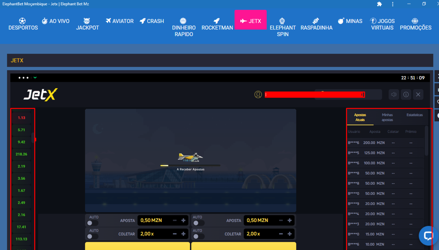 JetX na aplicação da Elephant Bet para Windows