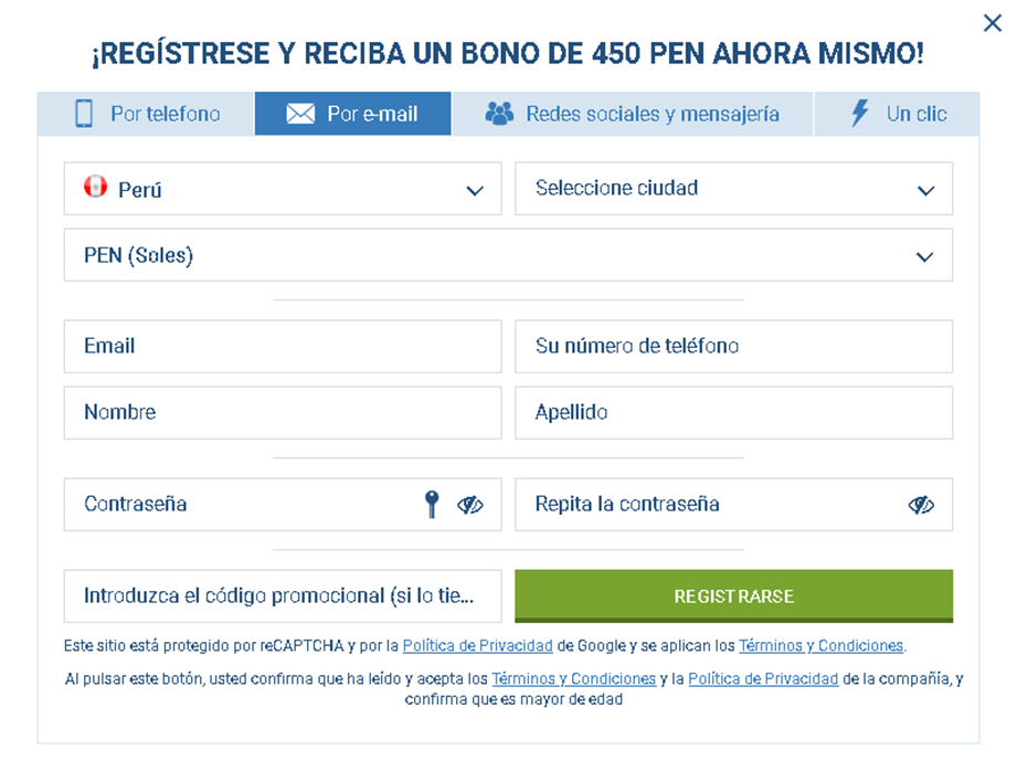 Formulario de registro por email en 1xBet