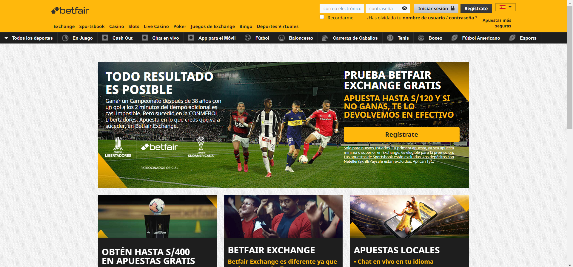 Se muestra la pantalla principal de la versión web de Betfair