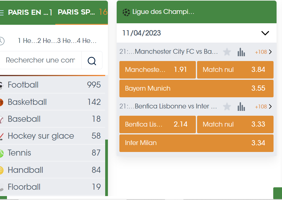 Quelques sports disponibles sur Sportcash